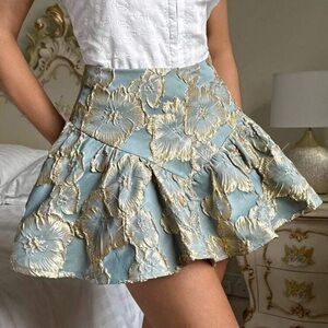 Glamine Elegant Palace Style Greenish-Grey Jacquard Shiny Mini Skirt For Women